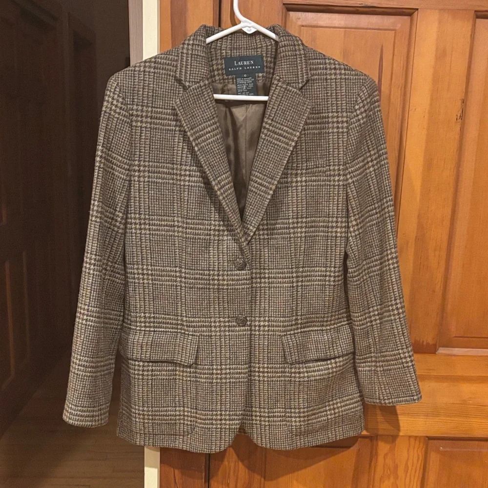 Lauren Ralph Lauren Equestrian Tweed Blazer Pure Wool Tan Beige Sz 6